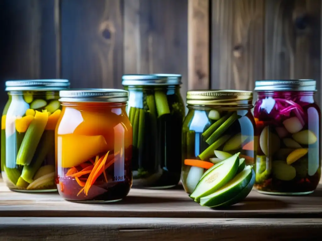 Una selección colorida de vegetales fermentados en frascos de vidrio sobre una mesa de madera rústica