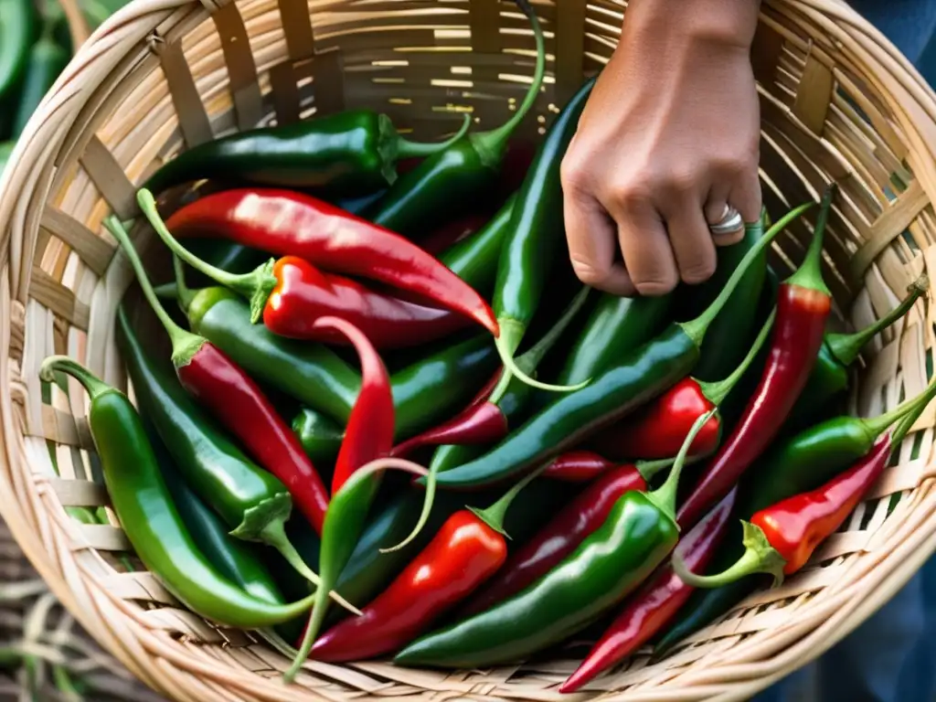 Selección cuidadosa de chiles rojos y verdes en cesto de mimbre para la preparación tradicional Kak'ik Maya