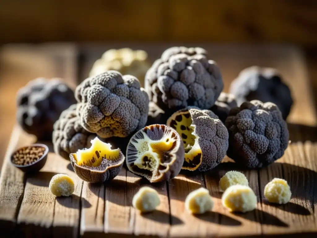 Una selección exquisita de trufas recién cosechadas, dispuestas con elegancia en una mesa rústica