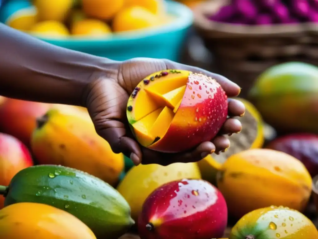 Selección de mango fresco en mercado africano con ingredientes africanos en recetas históricas