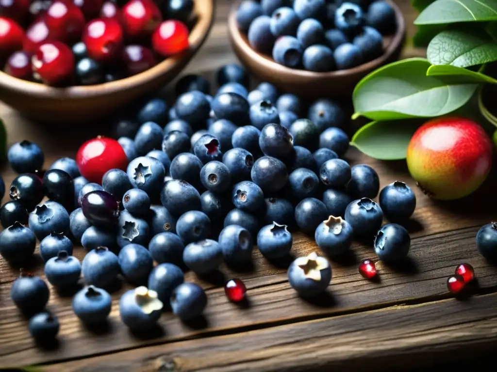 Una selección vibrante de alimentos antioxidantes en una mesa rústica evoca la dieta de guerreros antiguos