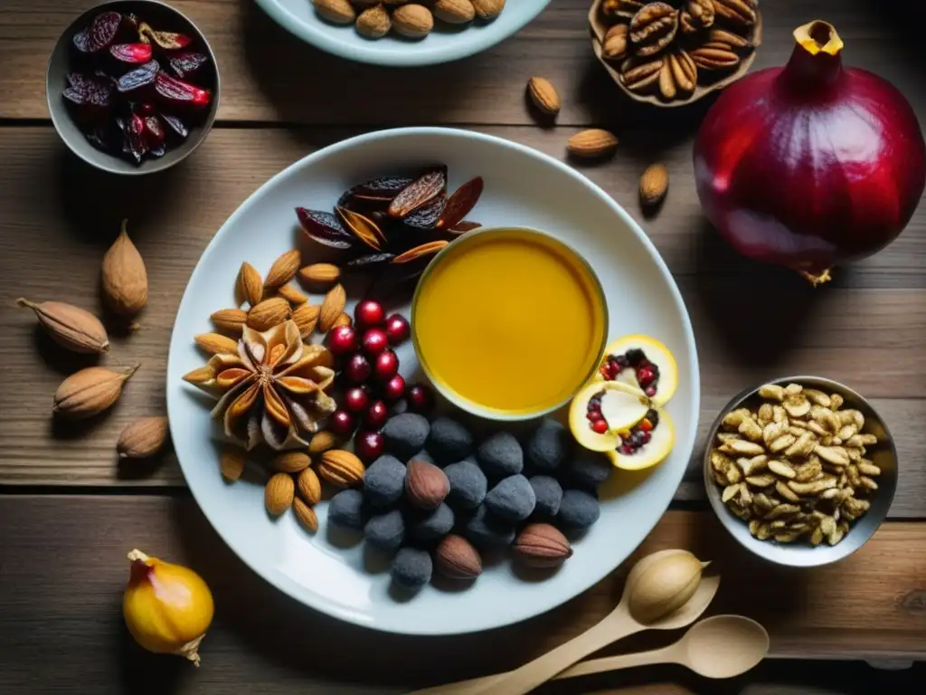 Una selección vibrante de superalimentos persas en una mesa rústica, resaltando colores y texturas