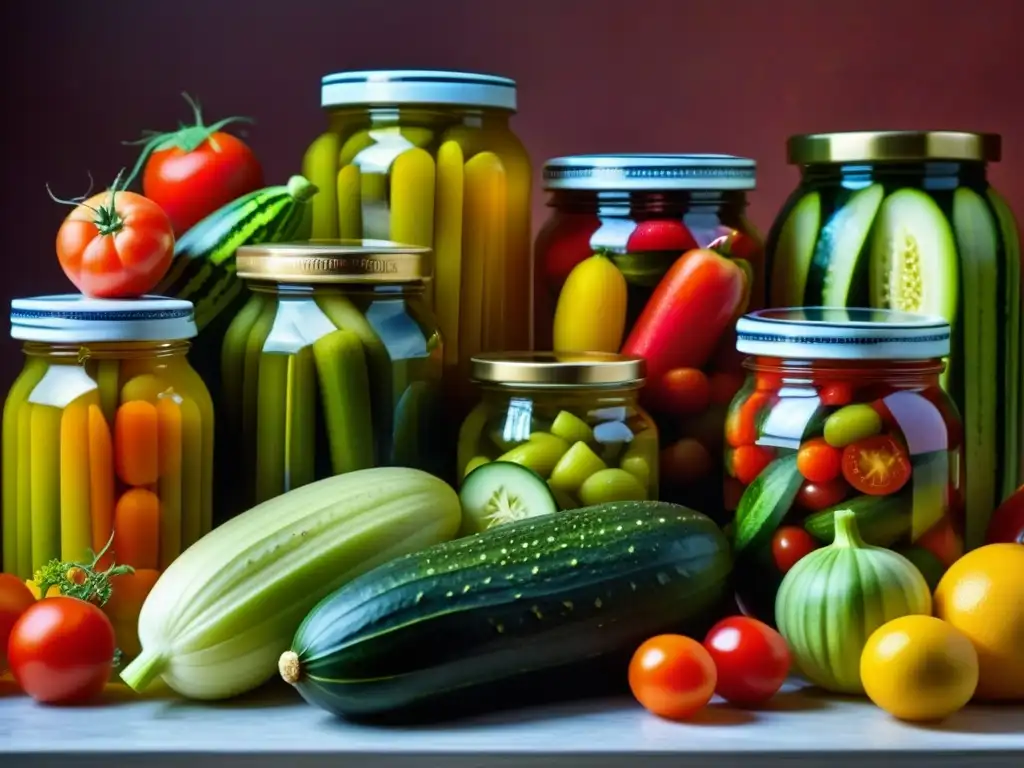 Una selección vibrante de vegetales y frutas encurtidos rusos en tarros de vidrio, detalle exquisito y colorido