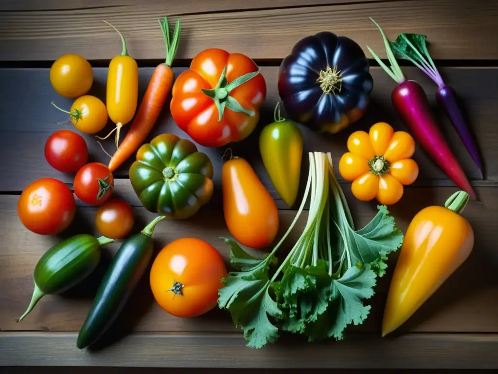 Una selección vibrante de verduras históricas exóticas en una mesa rústica