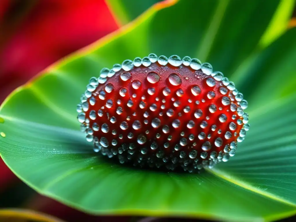 Una semilla de Achiote roja sobre hojas de plátano, con gotas de agua