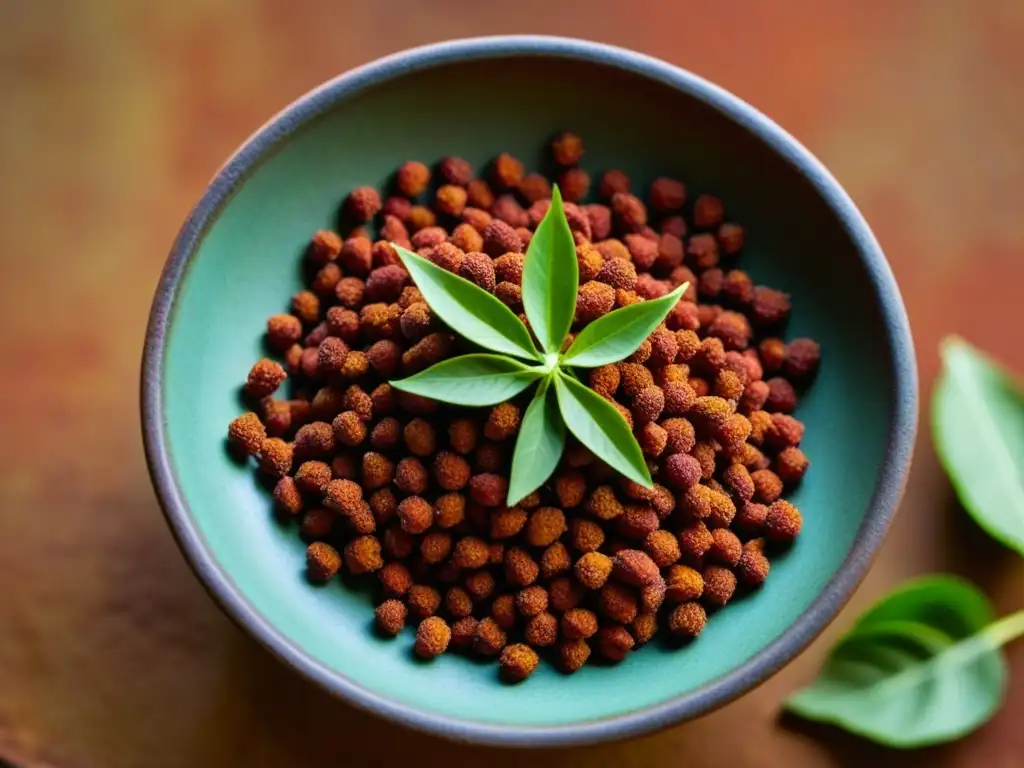 Semillas de achiote rojas y cilantro verde en plato de barro, reflejo de hierbas y especias en dieta Maya