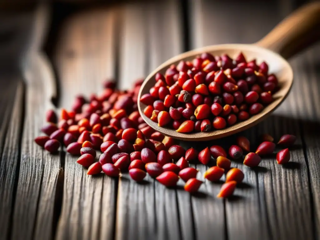 Semillas de achiote rojas vibrantes esparcidas en una superficie de madera rústica, bañadas por luz cálida