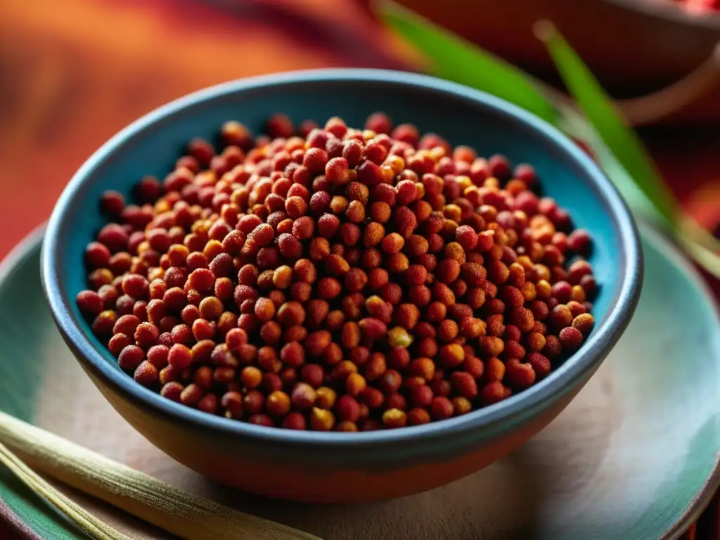 Semillas de achiote rojo esparcidas en plato maya, resaltando texturas y colores, junto a alfarería antigua