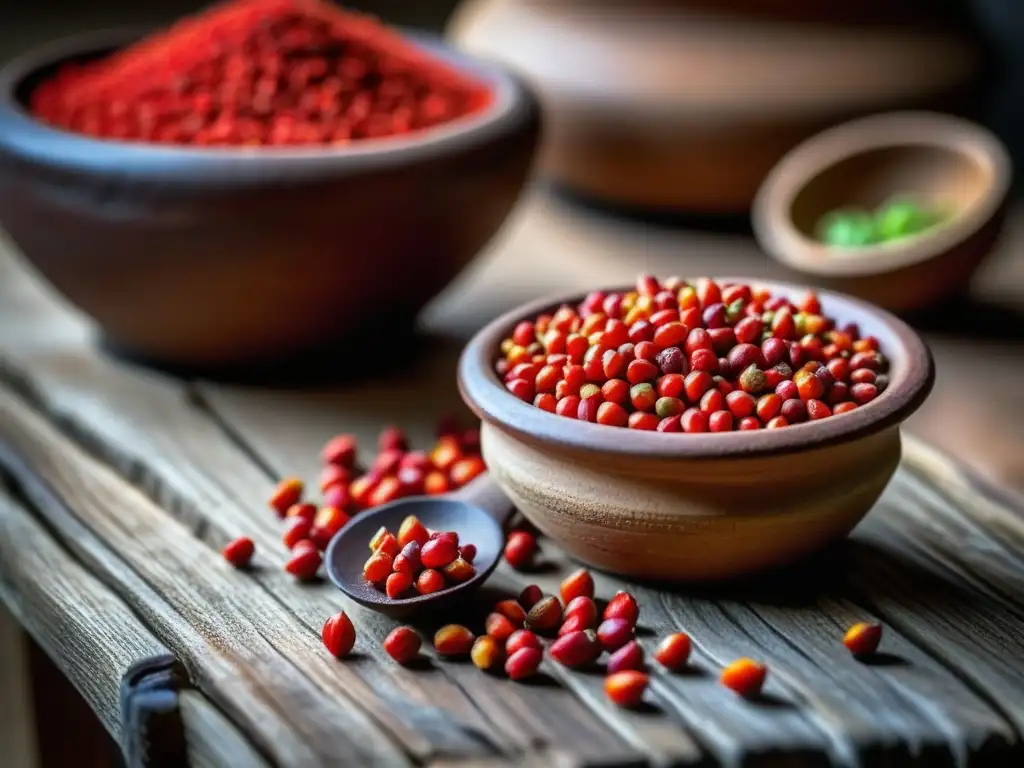 Semillas de achiote rojo en mesa de madera rústica, olla maya al fondo