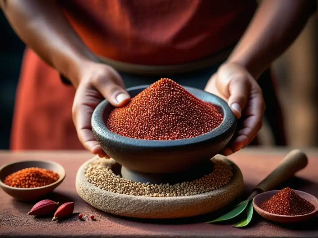 Moliendo semillas de achiote rojo en metate de piedra, para recetas históricas conquistadores siglo XVI