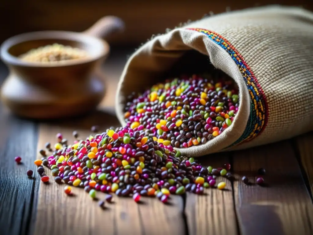 Semillas de quinoa coloridas derramadas de una bolsa andina en una mesa de madera, resaltando su diversidad