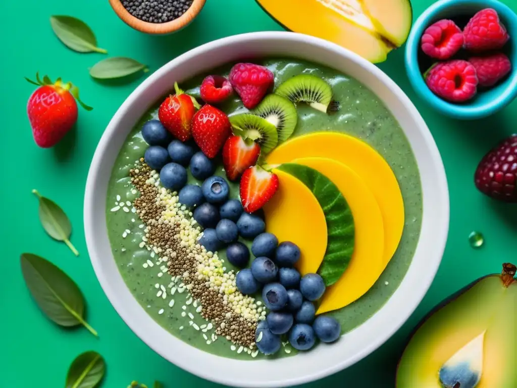 Semillas de chía esparcidas sobre un bowl de smoothie verde vibrante, resaltando su textura y beneficios nutricionales