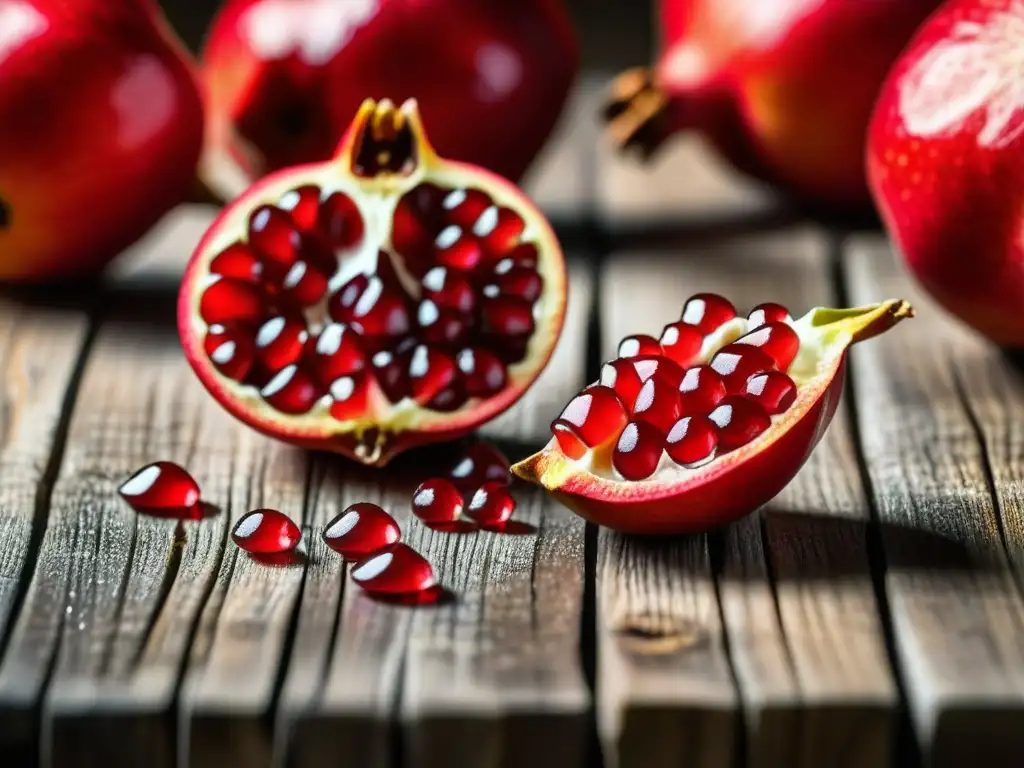 Semillas de granada rojas sobre mesa rústica con gotas de agua, detalle y contraste, Alimentos históricos antioxidantes culturales