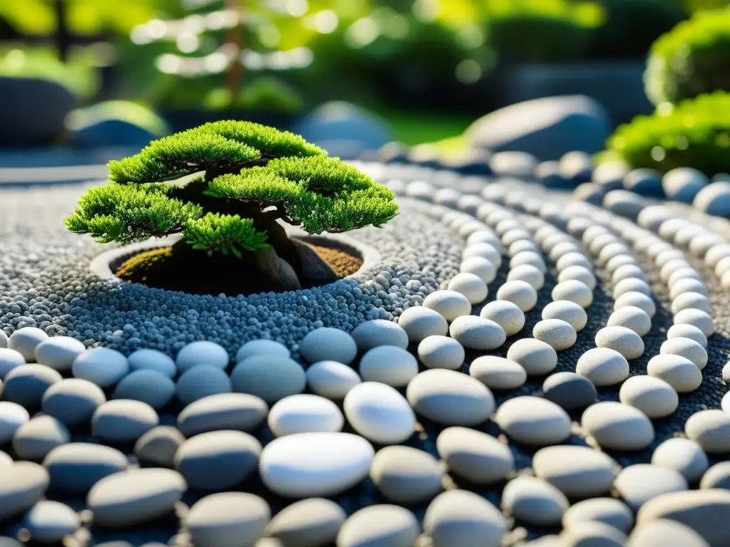 Un jardín Zen sereno con grava blanca, rocas y bonsái verde, evocando tranquilidad y equilibrio