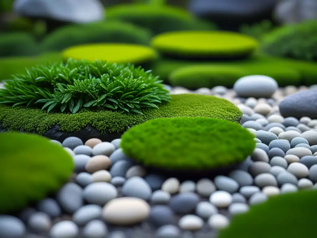 Jardín Zen sereno con rocas, grava y musgo verde, reflejando equilibrio y tranquilidad para Cocina Zen prácticas culinarias ecológicas