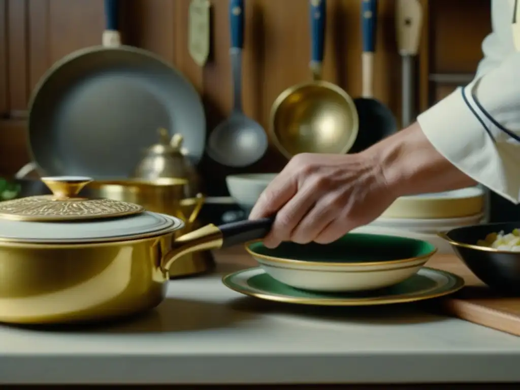 Servidumbres en la cocina histórica: Detalle de manos preparando exquisitos platos en una cocina de la Edad Dorada