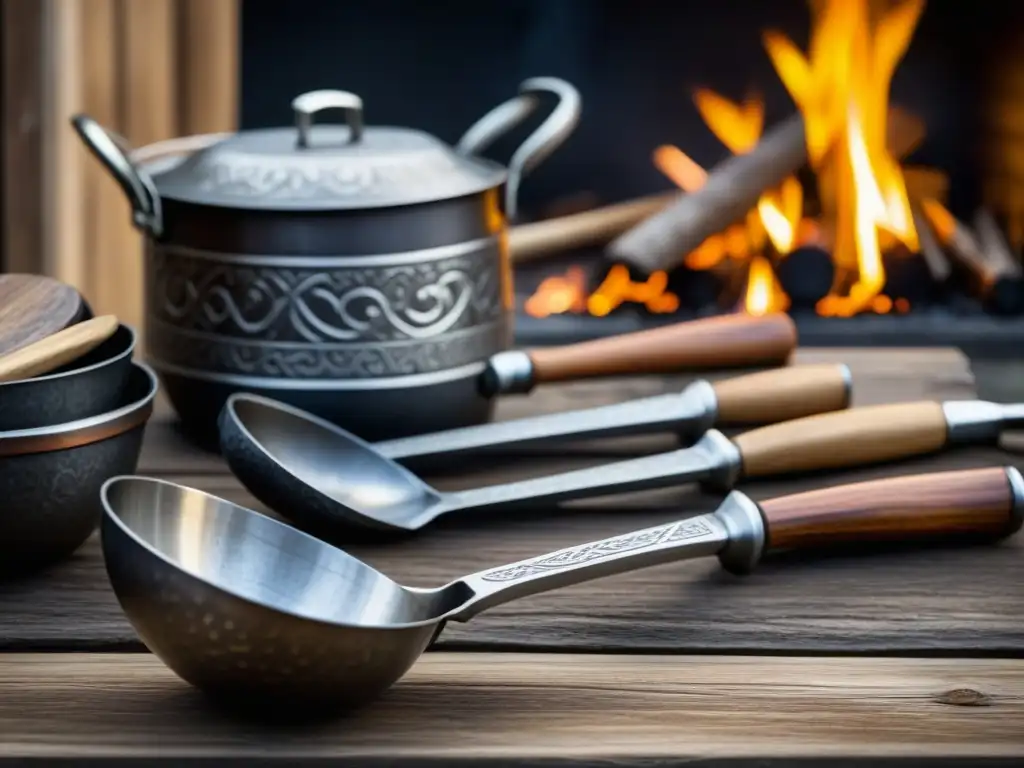 Utensilios de cocina vikingos: arte y resistencia en el frío norte Un set de utensilios de cocina vikingos con grabados detallados, mangos de madera y superficies desgastadas por el uso en el frío Norte