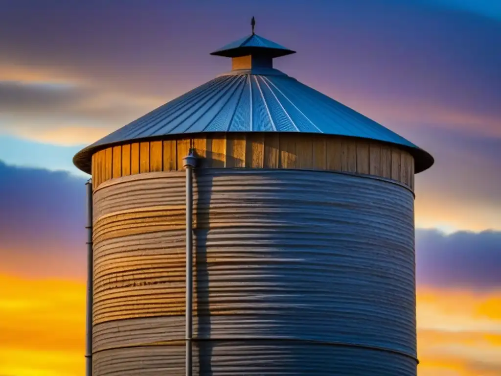 Un silo tradicional resalta al atardecer, mostrando importancia en la sostenibilidad alimentaria