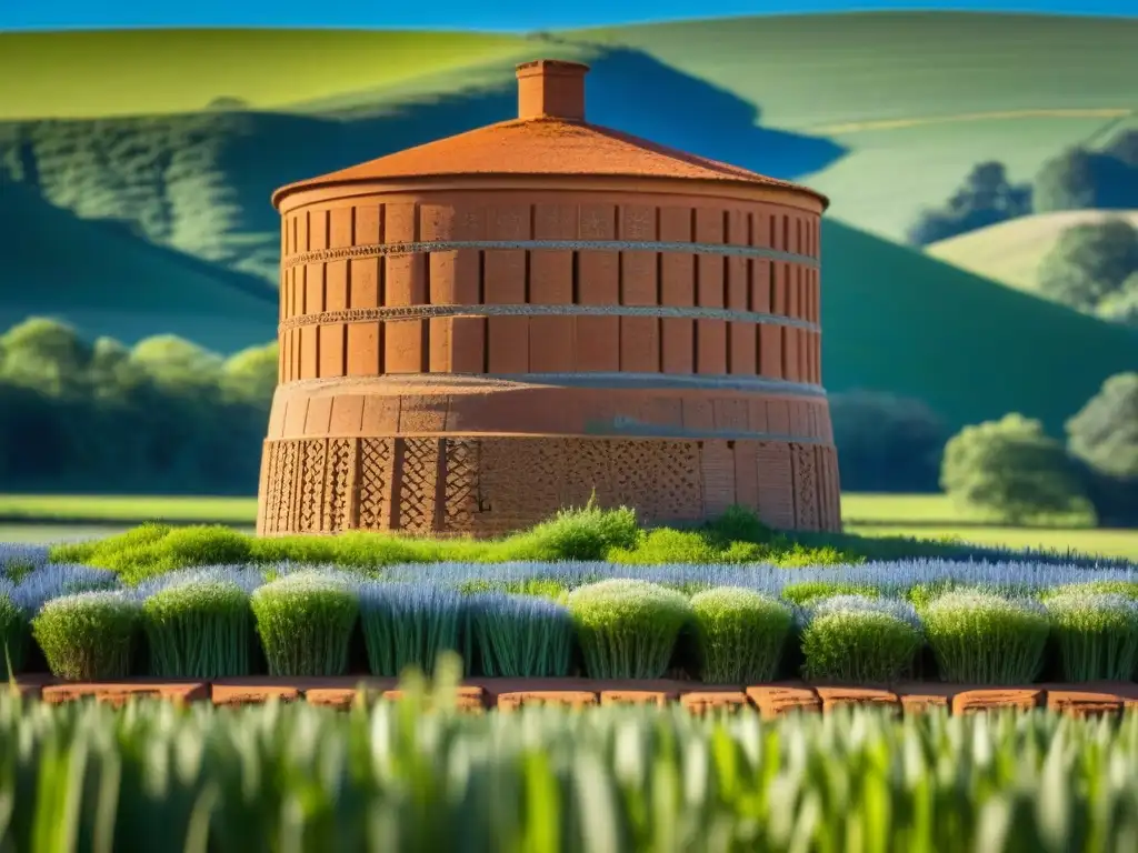 Un silo tradicional de barro resalta en un campo verde bajo cielo azul, mostrando importancia silos tradicionales sostenibilidad alimentaria