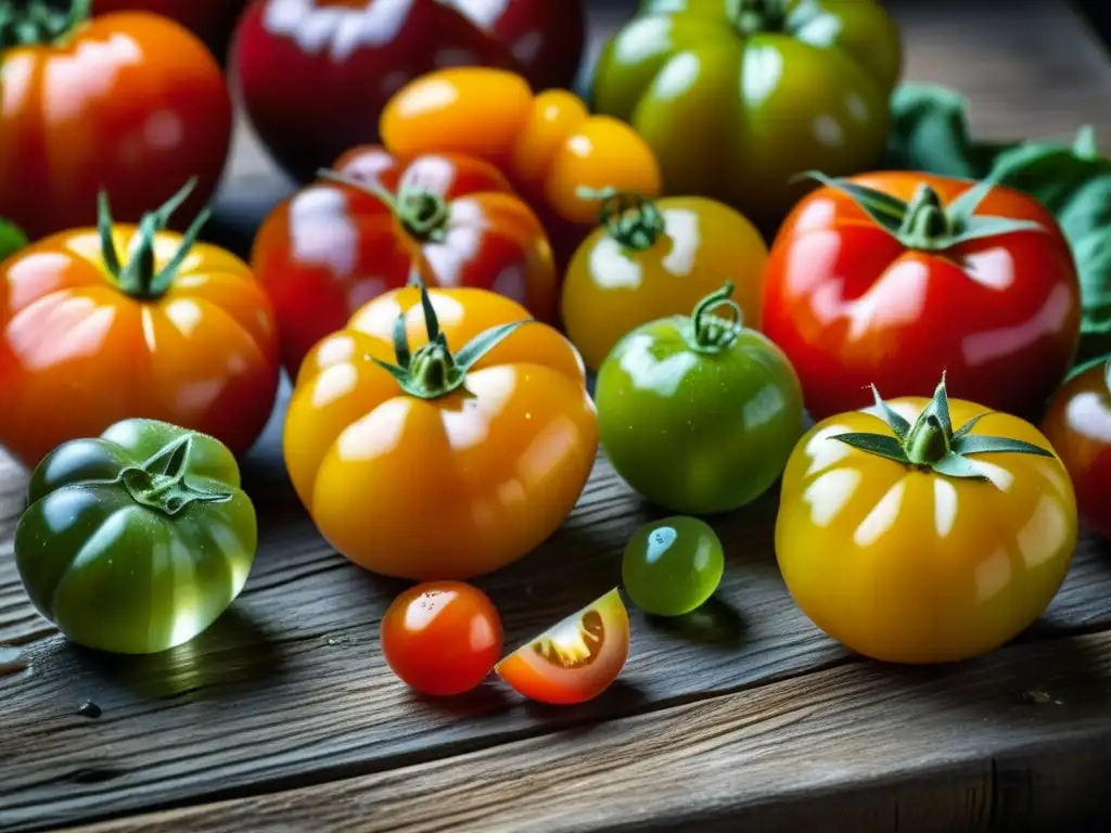 Una sinfonía de tomates antiguos en una mesa rústica, resaltando la biodiversidad en alimentación histórica