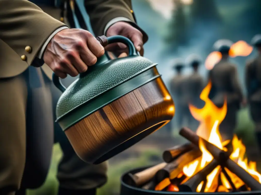 Un soldado sostiene una cantimplora de madera en un campamento de la Revolución Americana, cocinando comida de campo