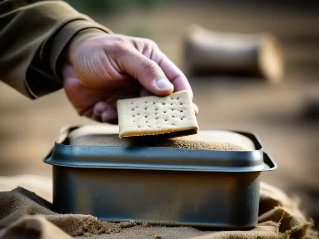 Un soldado desgastado alcanza un galleta dura en una lata vieja