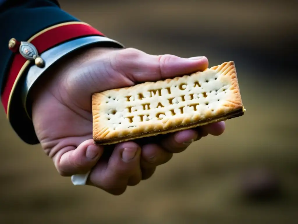 Un soldado de las Guerras Napoleónicas sostiene una galleta de ración militar desgastada