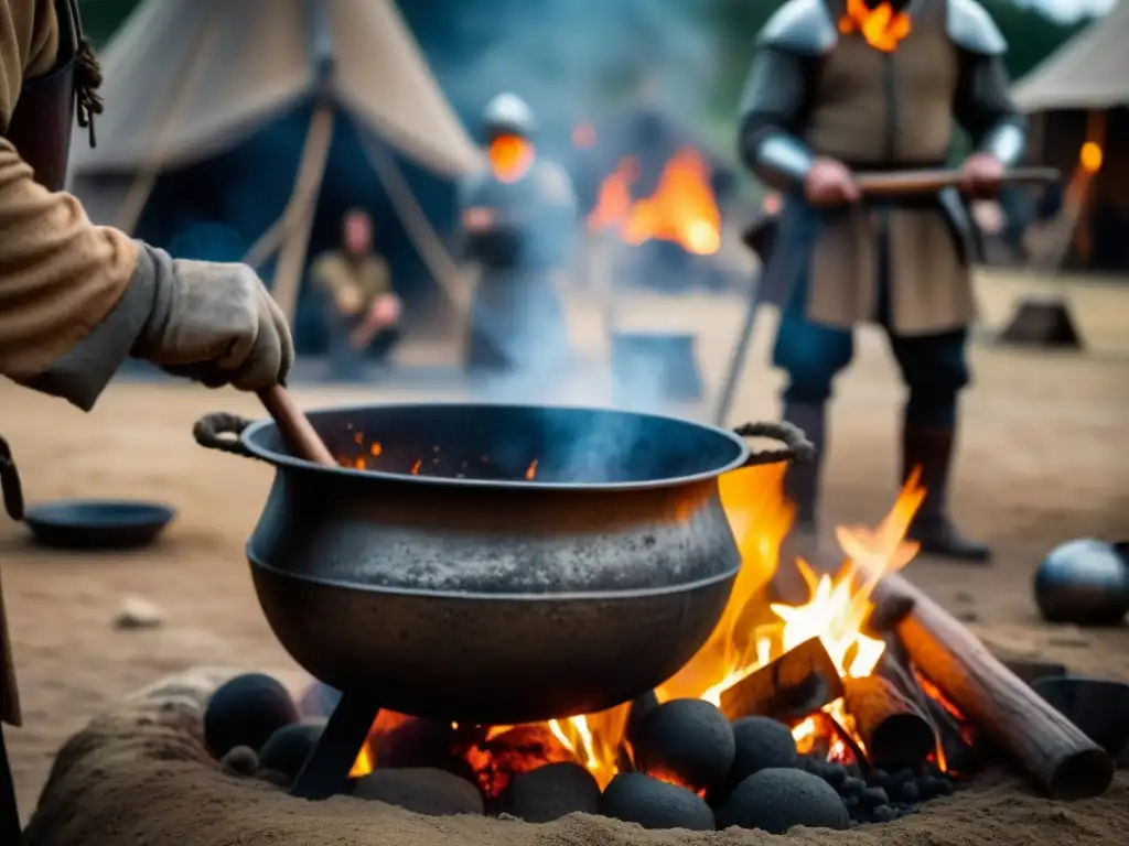 Un soldado medieval remueve un caldero sobre fuego en campamento de cruzados