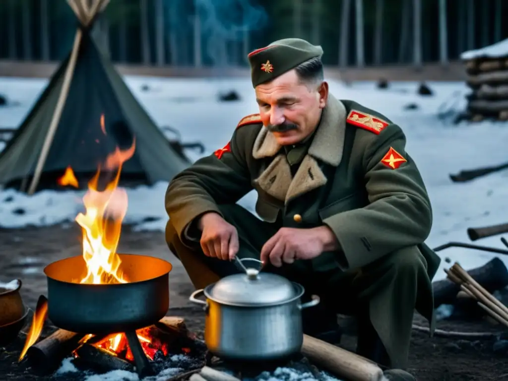 Un soldado soviético cocina borsch en la nieve durante la Segunda Guerra Mundial