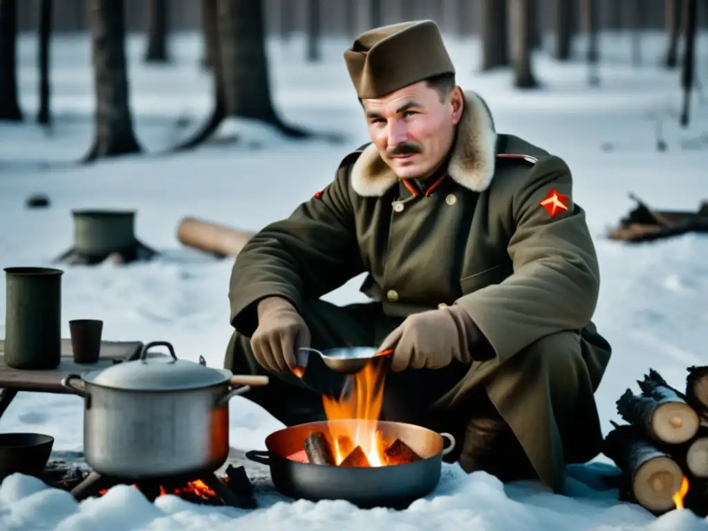 Soldado soviético cocina en la nieve durante la Segunda Guerra, mostrando la crudeza y perseverancia en la cocina soviética durante la Segunda Guerra