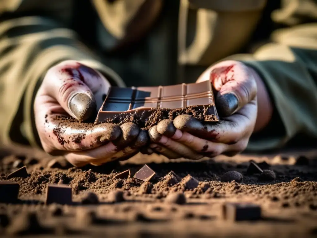 Un soldado sostiene un trozo de chocolate sucio en su mano, mostrando determinación y agotamiento