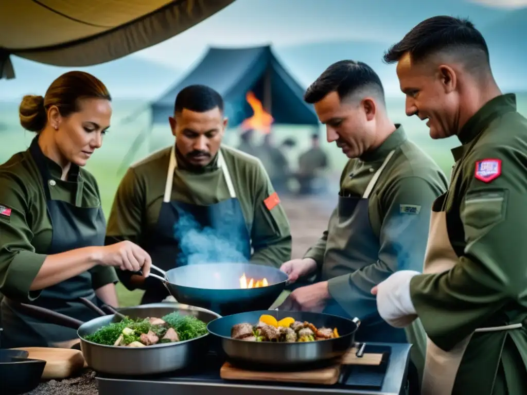 Soldados chefs en uniforme de camuflaje preparan platos gourmet con innovaciones culinarias en un campo de batalla