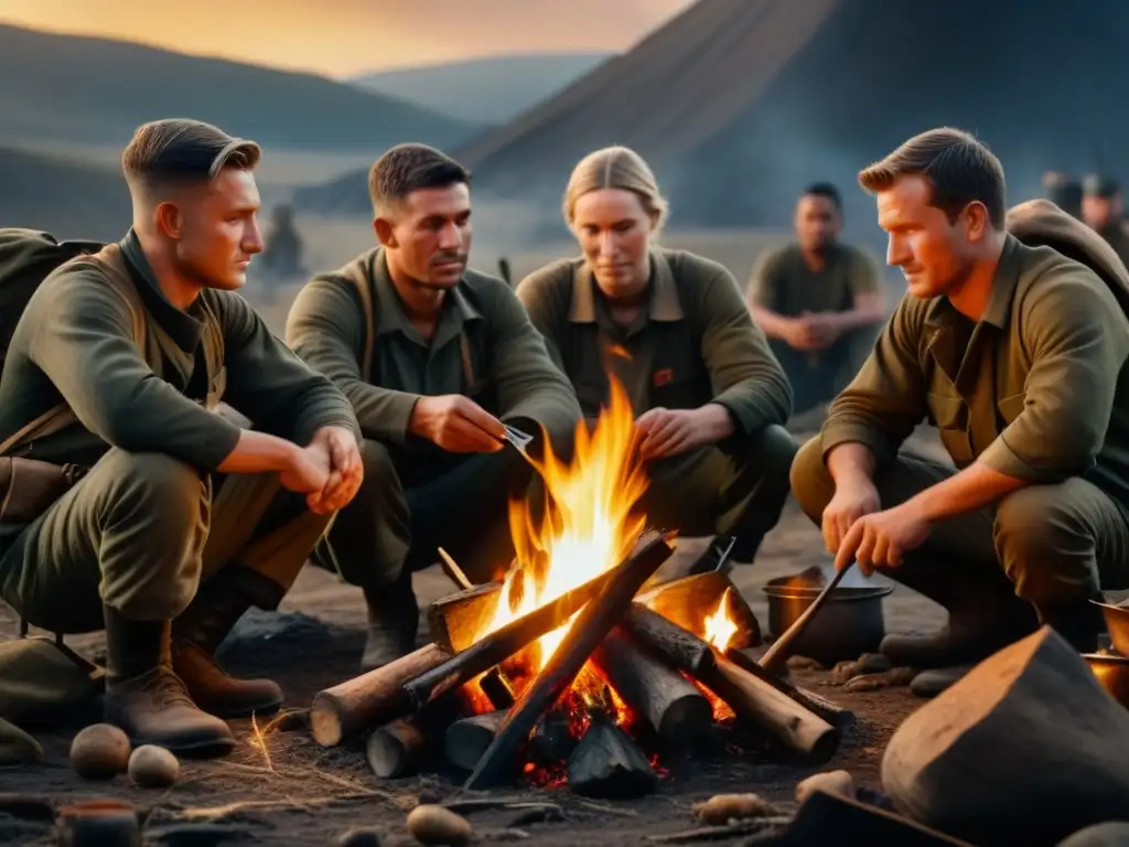 Soldados preparando comida en un campamento improvisado, mostrando adaptaciones culinarias en conflictos históricos