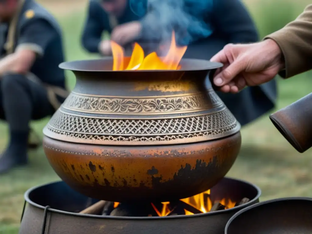 Soldados de distintas épocas esperan frente a una olla de hierro sobre fuego, en un campamento militar histórico