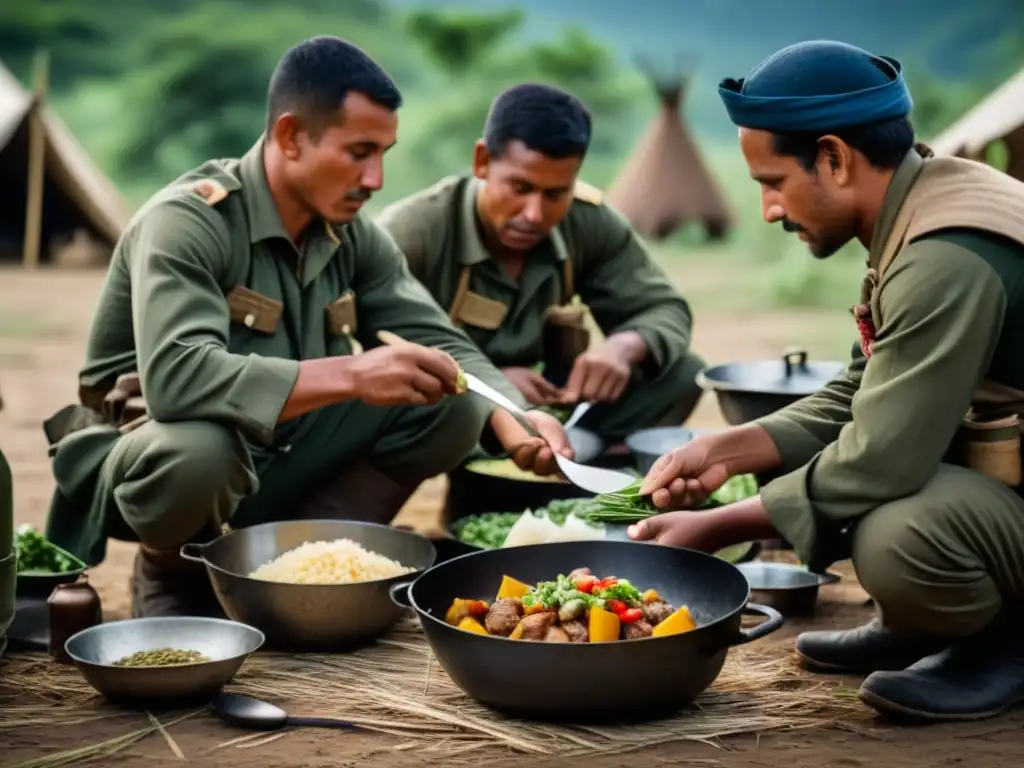 Soldados en guerras de independencia preparan comida en cocinas improvisadas, destacando estrategias alimentarias guerras independencia