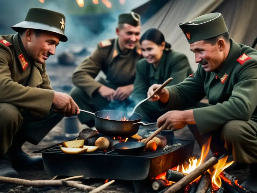 Soldados soviéticos cocinan en la Segunda Guerra Mundial, mostrando su resiliencia