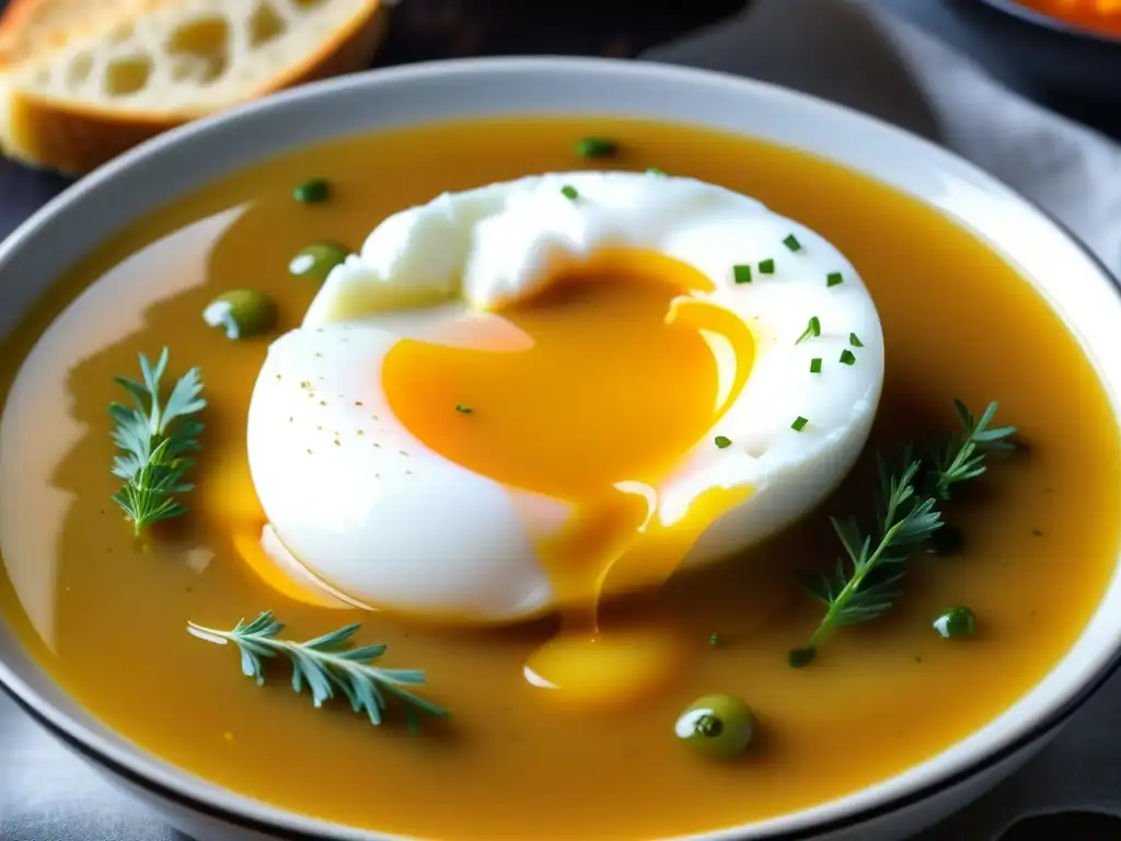 Una sopa de ajo española tradicional con huevo pochado, pan y pimentón, resaltando los sabores y colores de las sopas tradicionales en España