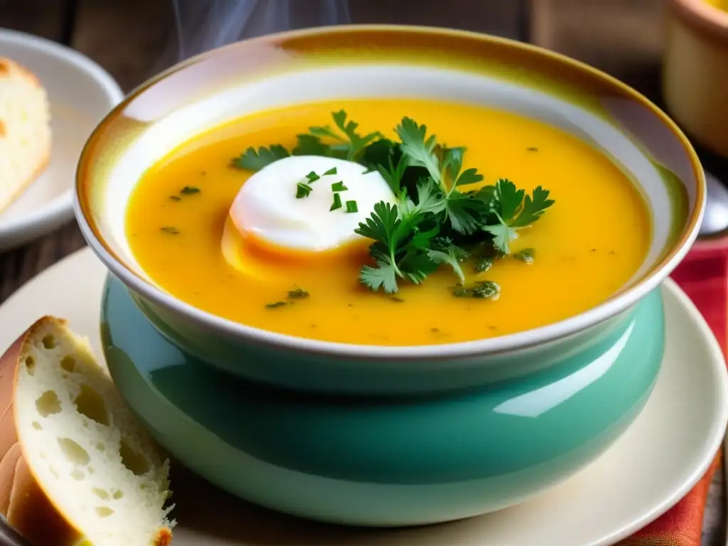 Una sopa de ajo española tradicional con huevo pochado, pan y pimentón, evocando la calidez de las sopas tradicionales en España