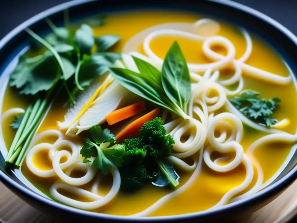 Una sopa aromática de fideos con influencia de la Ruta de la Seda, destacando detalles y colores en una atmósfera tentadora