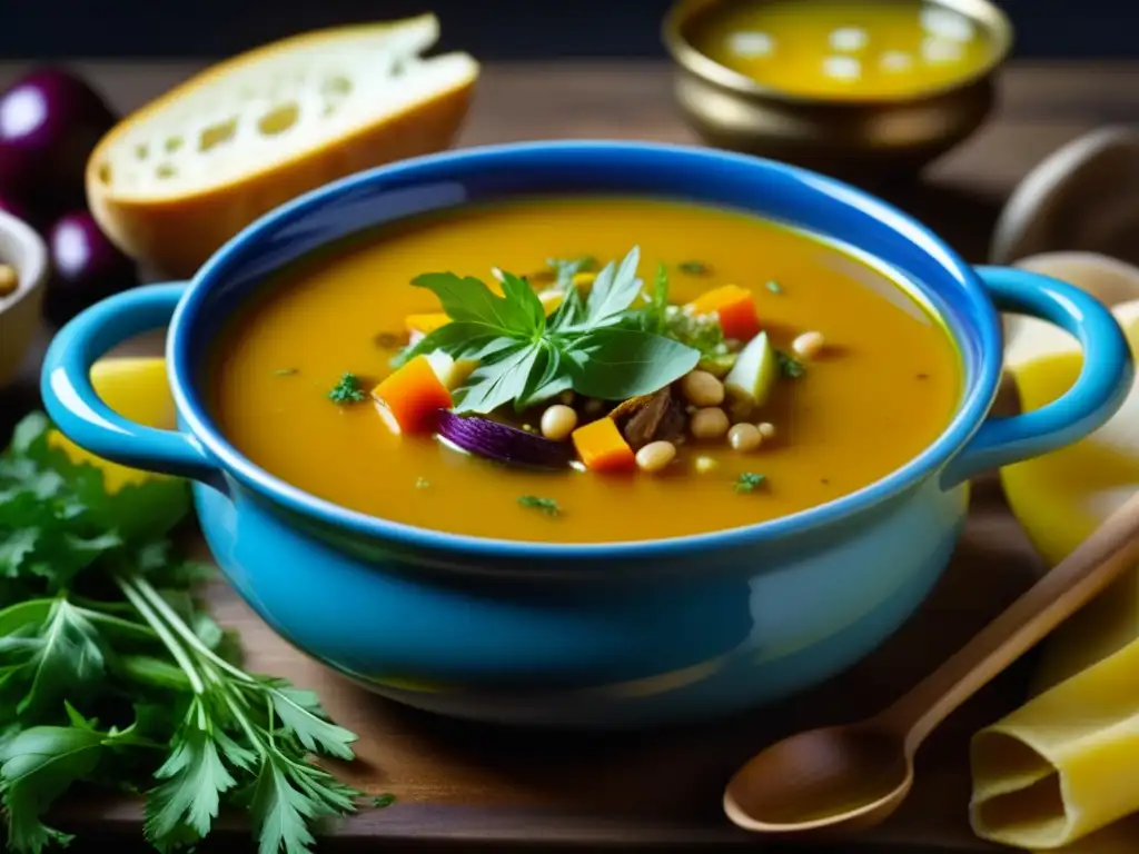 Una sopa bizantina con capas de vegetales y hierbas flotando en caldo dorado, resaltando la riqueza de la gastronomía bizantina