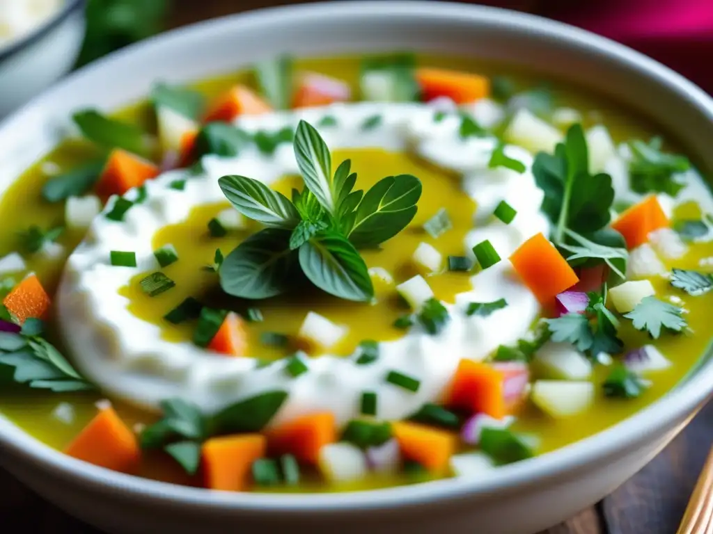 Una sopa fría rusa Okroshka histórica con vibrantes vegetales picados, kefir refrescante y hierbas fragantes, resaltando texturas y colores