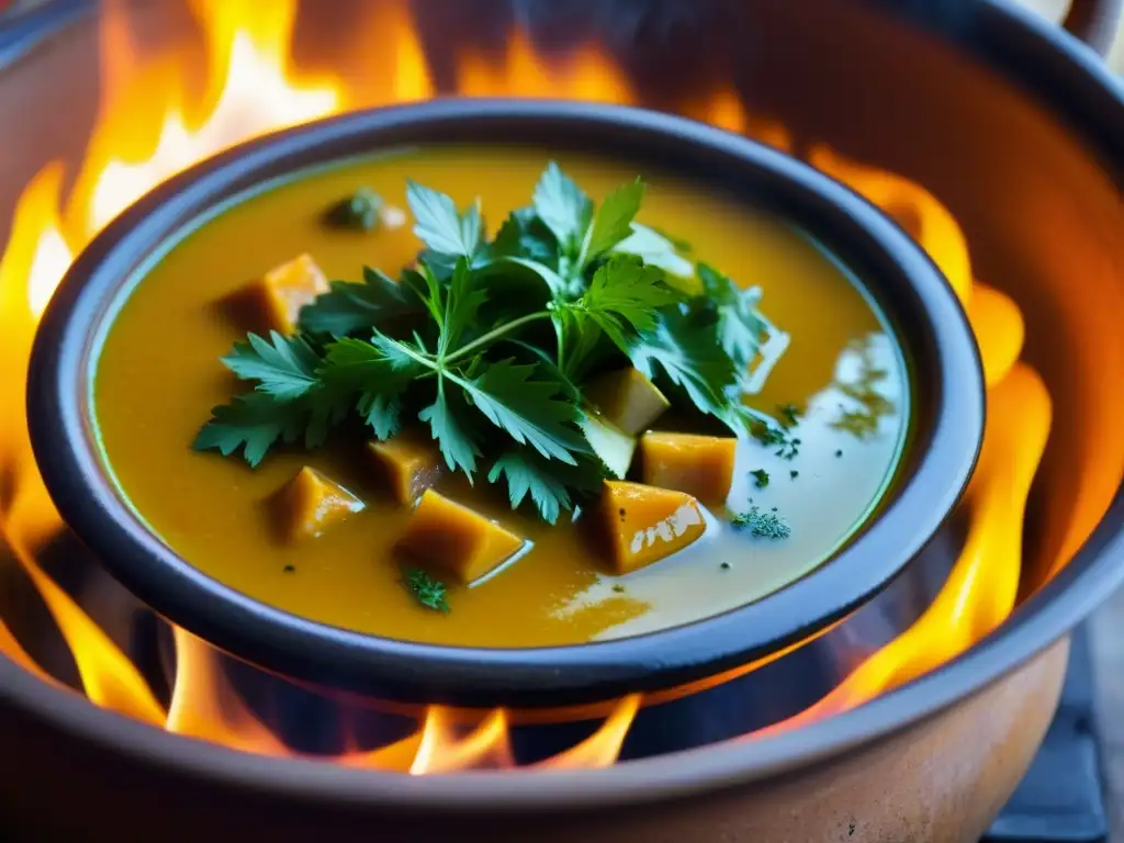 Una sopa saheliana tradicional hierve en una olla de barro sobre llama abierta