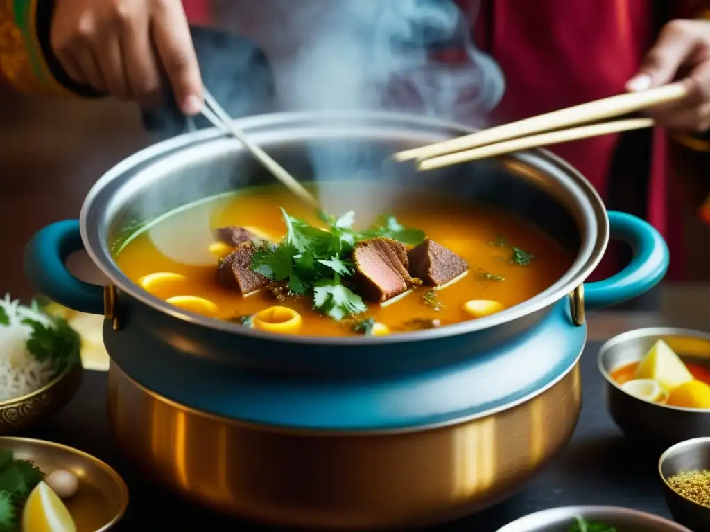 Sopas y caldos Mughales recetas: Detalle de una exquisita sopa Mughal humeante con especias, hierbas y trozos de carne tierna en un caldo sabroso