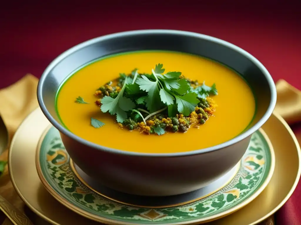 Sopas y caldos Mughales recetas: Detalle de una taza humeante de sopa Mughal rica y aromática con especias y hierbas flotantes coloridas