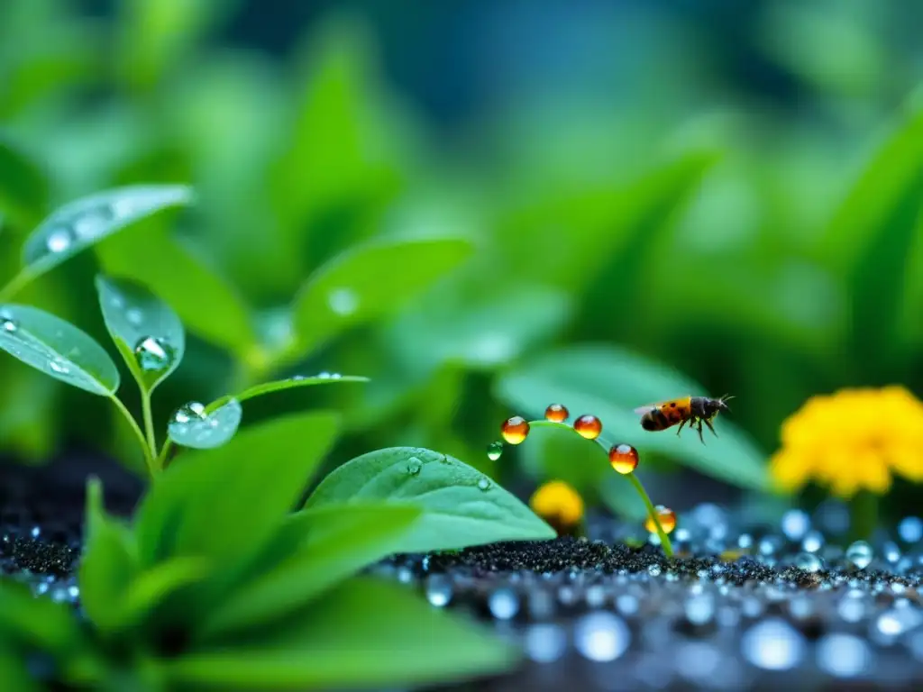 Un jardín sostenible rebosante de vida: hojas verdes, plantas comestibles y biodiversidad