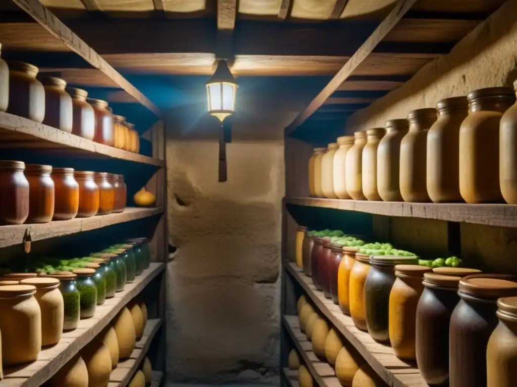 Un sótano medieval con estantes de madera repletos de frutas, verduras y carnes en conserva