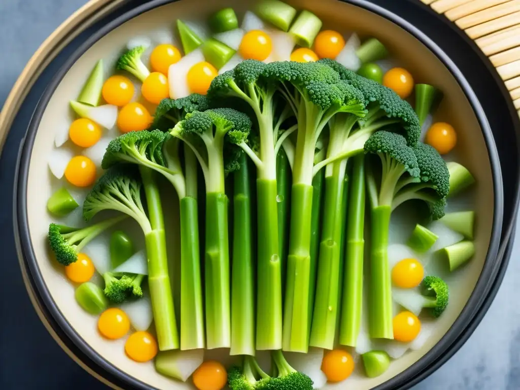 Un steamer de bambú tradicional con brotes de brócoli, granos de maíz dorados, zanahorias y filetes de pescado, todo envuelto en vapor