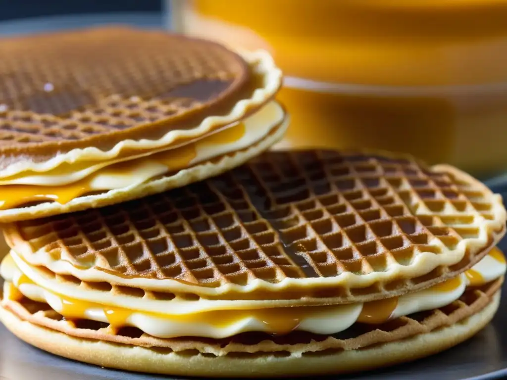 Un Stroopwafel recién horneado lleno de caramelo, con vapor y capas doradas crujientes