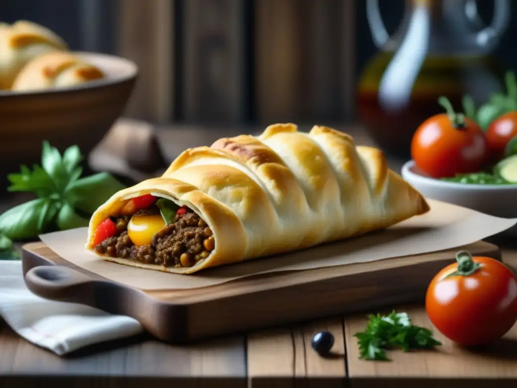 Una suculenta empanada chilena dorada, rellena de carne, cebolla, aceitunas y huevo duro, en una mesa rústica con ingredientes coloridos