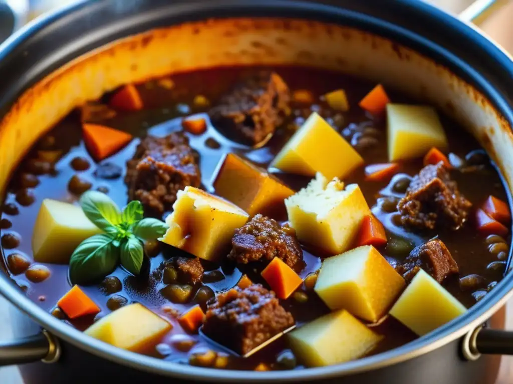 Una suculenta olla de Fiaker Goulash burbujeante, resaltando colores y texturas